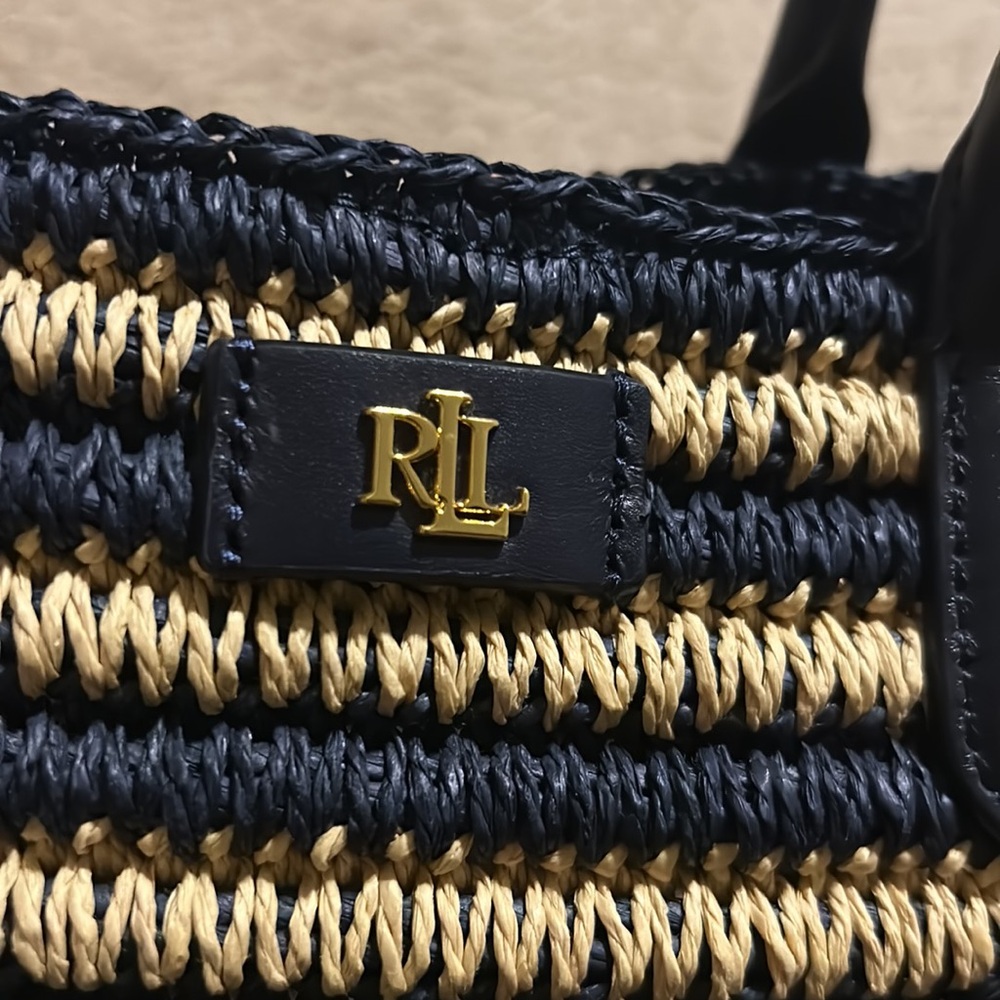 Lauren Ralph Lauren Striped Navy and Natural Woven Tote Bag - Picture 14 of 16